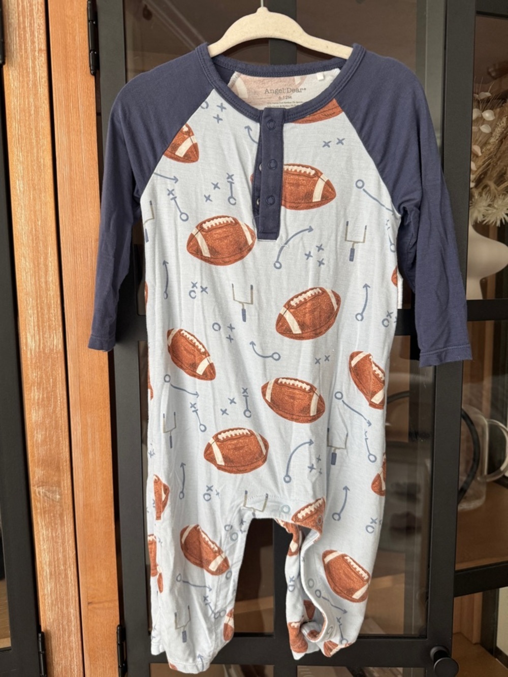 Angel Dear coverall Long Sleeve Raglan Romper henley Footballs Blue bamboo